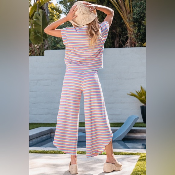 2 PC Outfit Pink Striped Rainbow Tee and Tasseled String Wide Leg Pants Set NWT - Picture 2 of 6